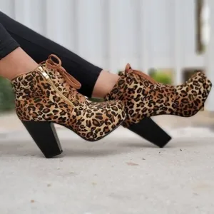 Women's Suede Lace-Up Chunky Block High Heel Ankle Boots Leopard