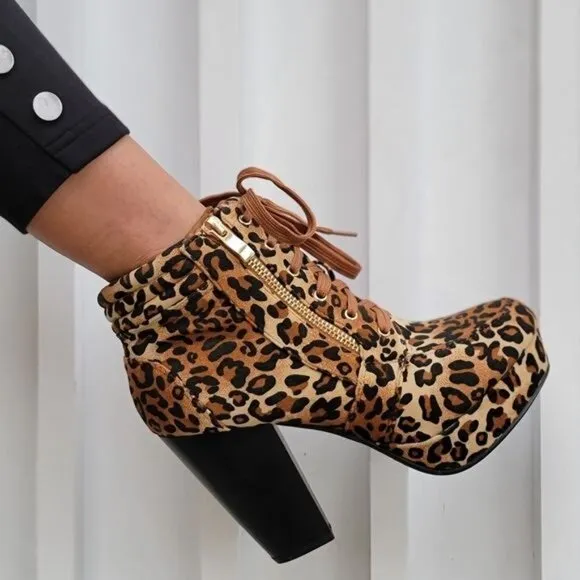 Women's Suede Lace-Up Chunky Block High Heel Ankle Boots Leopard
