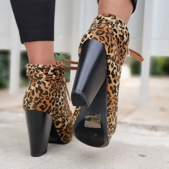 Women's Suede Lace-Up Chunky Block High Heel Ankle Boots Leopard