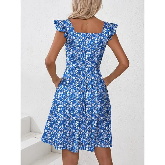 Women's Summer Dresses Casual Square Neck-Blue Floral