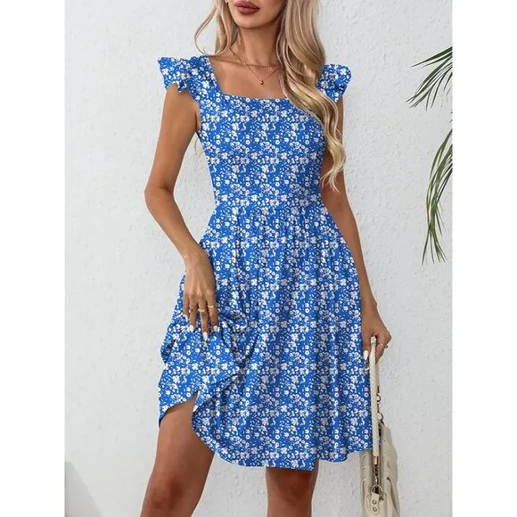 Women's Summer Dresses Casual Square Neck-Blue Floral
