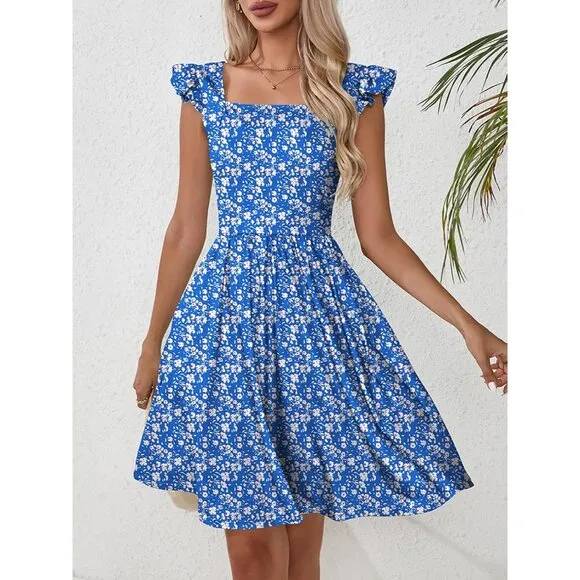 Women's Summer Dresses Casual Square Neck-Blue Floral