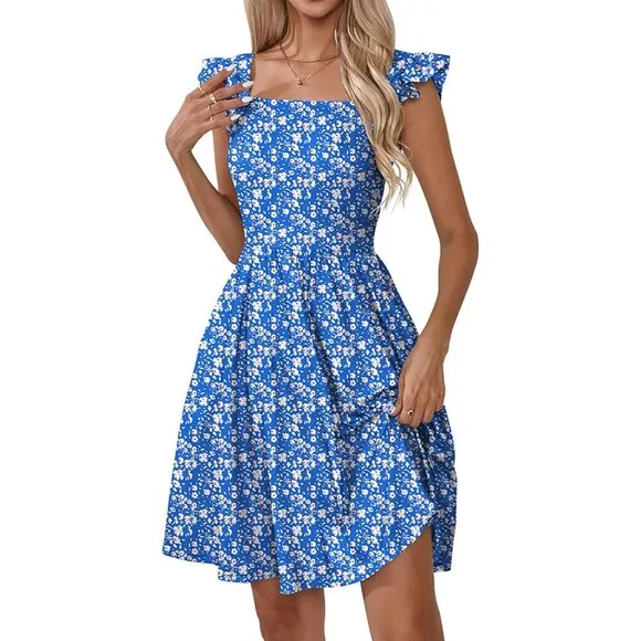 Women's Summer Dresses Casual Square Neck-Blue Floral