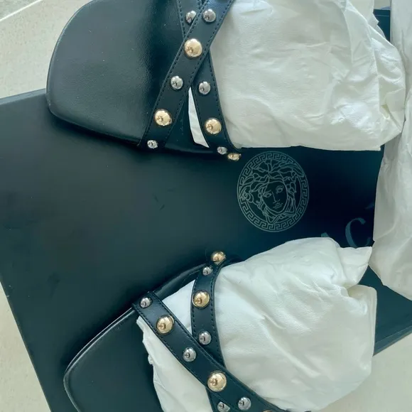 Women’s Versace Stud Details Black Sandal Heels Size 38