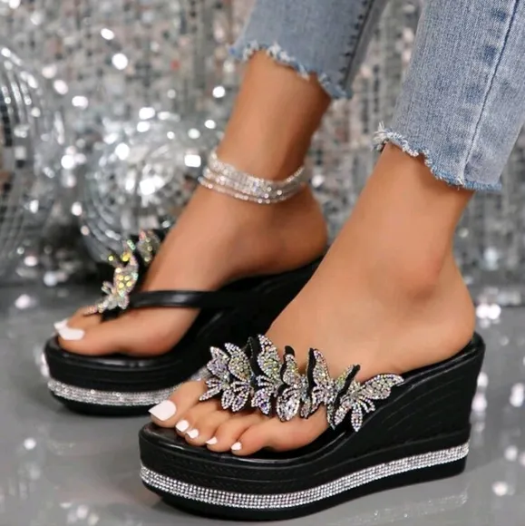 Women's Wedge Heel Thick Sole Sandals With Rhinestones Waterproof Platform