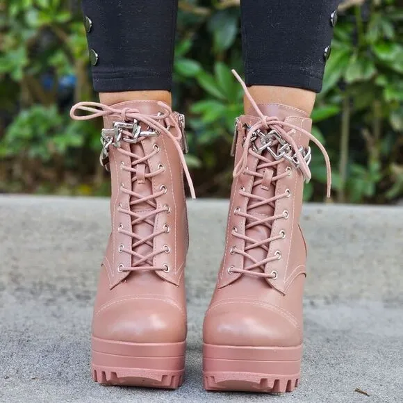 Women's Nude Platform Heel Boots Chunky Ankle Lace Up