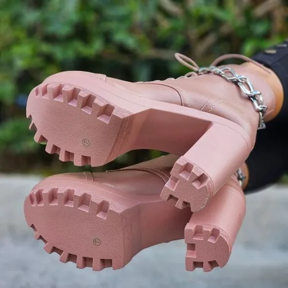Women's Nude Platform Heel Boots Chunky Ankle Lace Up