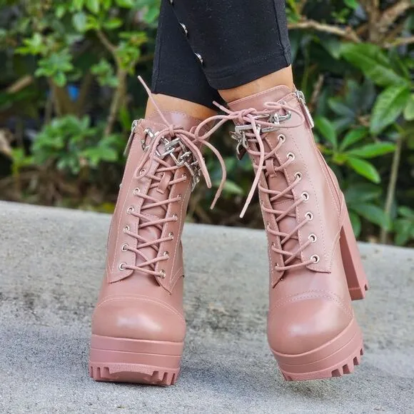 Women's Nude Platform Heel Boots Chunky Ankle Lace Up