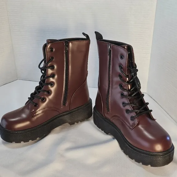 YOKI Oxblood Chunky Vegan Leather Combat Boots 9 maroon lace up platform