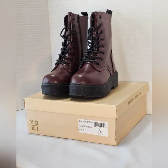 YOKI Oxblood Chunky Vegan Leather Combat Boots 9 maroon lace up platform