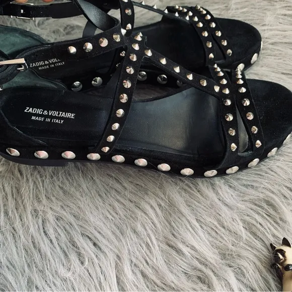 Zadig &amp; Voltaire Black Suede Studded T Strap Sandals