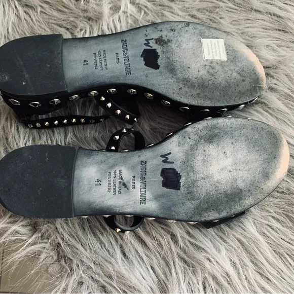Zadig &amp; Voltaire Black Suede Studded T Strap Sandals