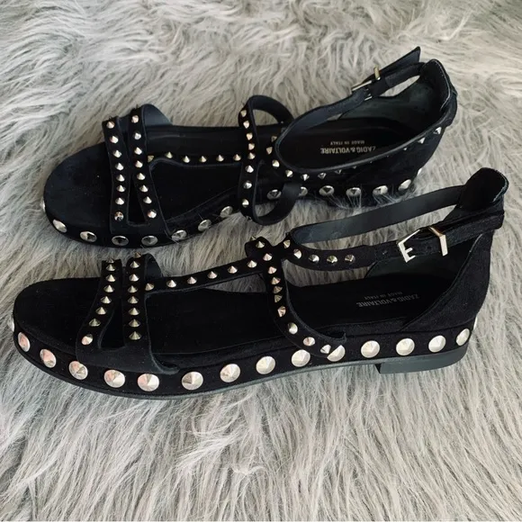 Zadig &amp; Voltaire Black Suede Studded T Strap Sandals