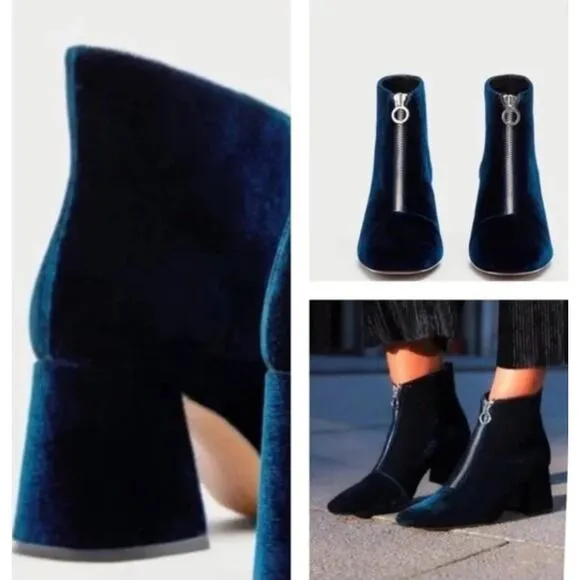 Zara 9.5  Velvet Front Zip Ankle Boots Midnight Blue Square Toe Block Heel EUC