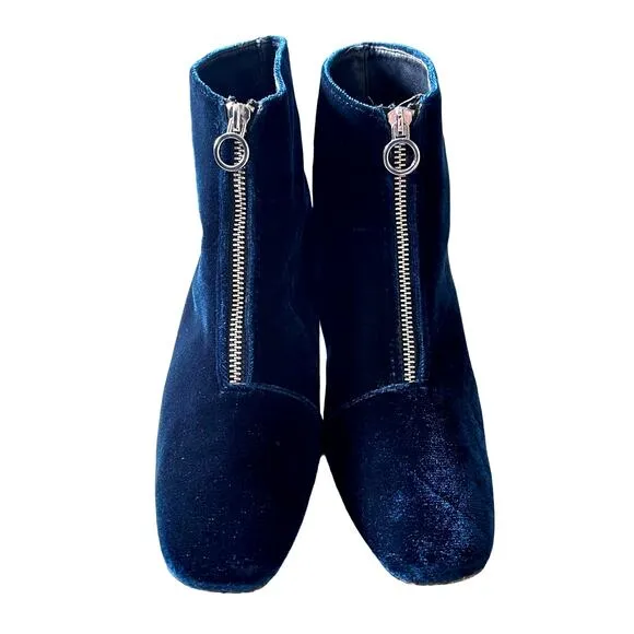 Zara 9.5  Velvet Front Zip Ankle Boots Midnight Blue Square Toe Block Heel EUC