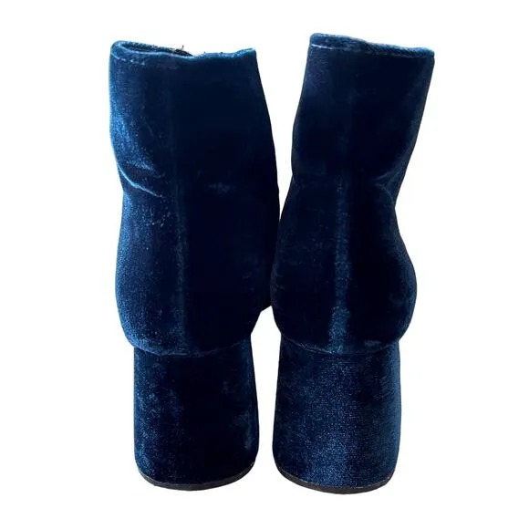 Zara 9.5  Velvet Front Zip Ankle Boots Midnight Blue Square Toe Block Heel EUC