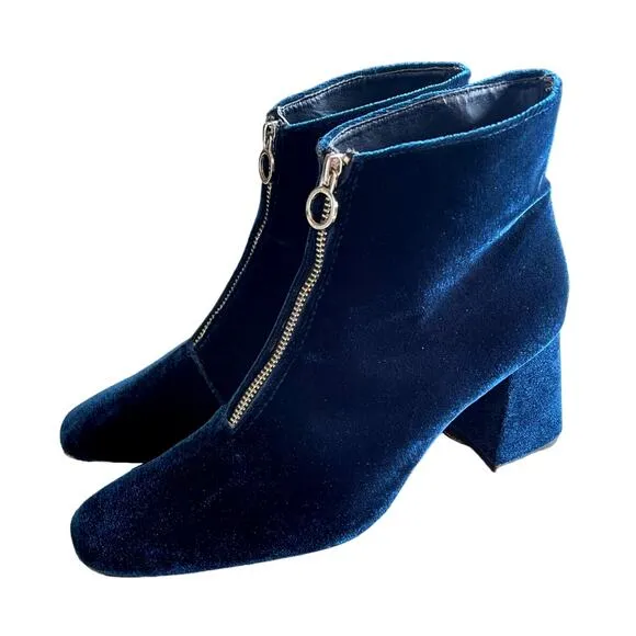 Zara 9.5  Velvet Front Zip Ankle Boots Midnight Blue Square Toe Block Heel EUC