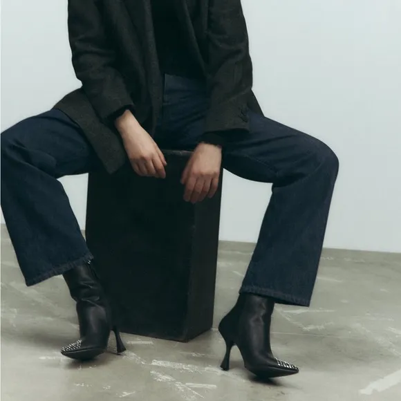 Zara Black Studded Toe Ankle Boots