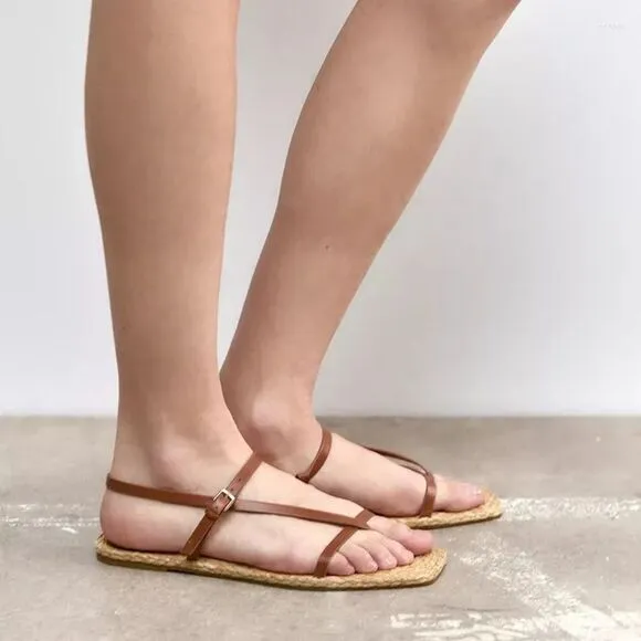 Zara Brown Leather Flat Summer Beach Sandals Shoes Size 10