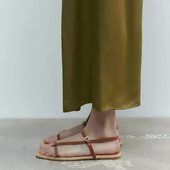 Zara Brown Leather Flat Summer Beach Sandals Shoes Size 10