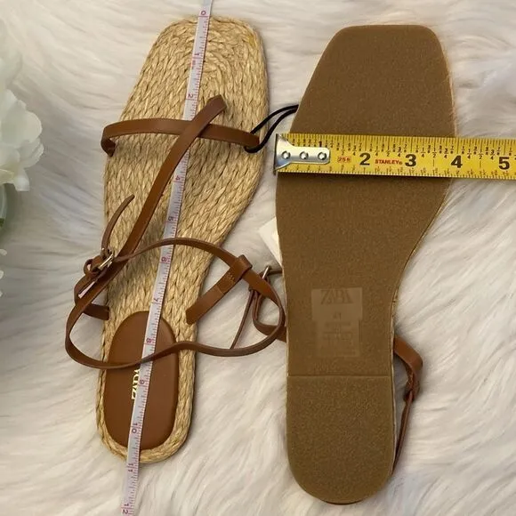 Zara Brown Leather Flat Summer Beach Sandals Shoes Size 10