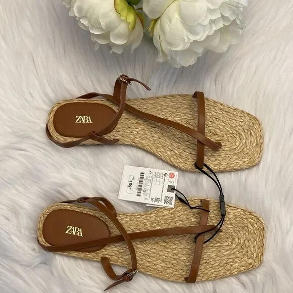 Zara Brown Leather Flat Summer Beach Sandals Shoes Size 10
