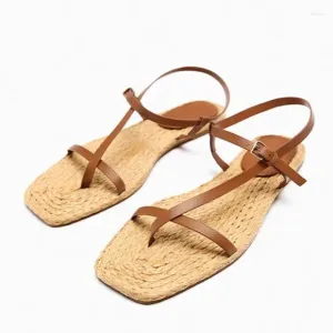 Zara Brown Leather Flat Summer Beach Sandals Shoes Size 10