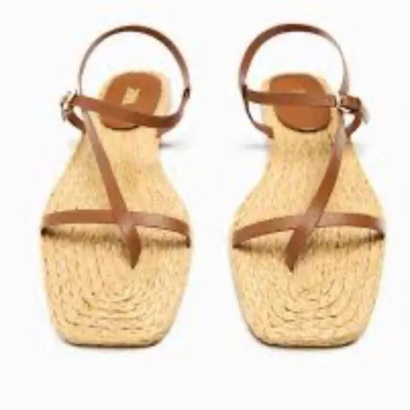 Zara Brown Leather Flat Summer Beach Sandals Shoes Size 10