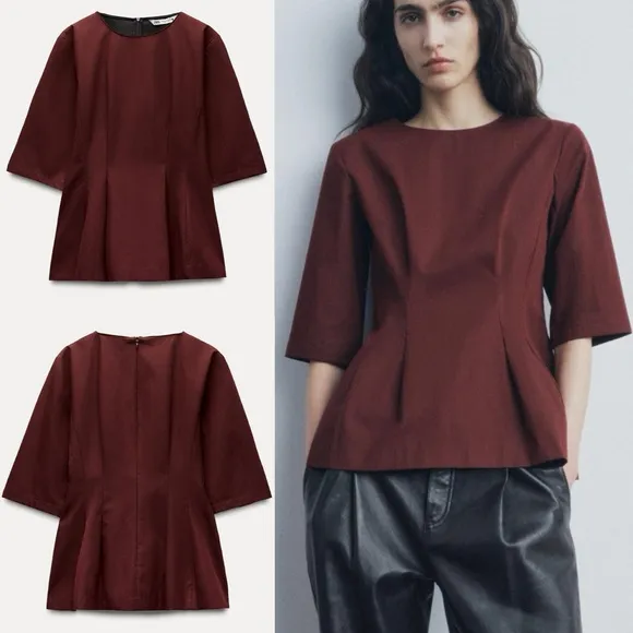 Zara burgundy two piece matching set — peplum top &amp; midi skirt
