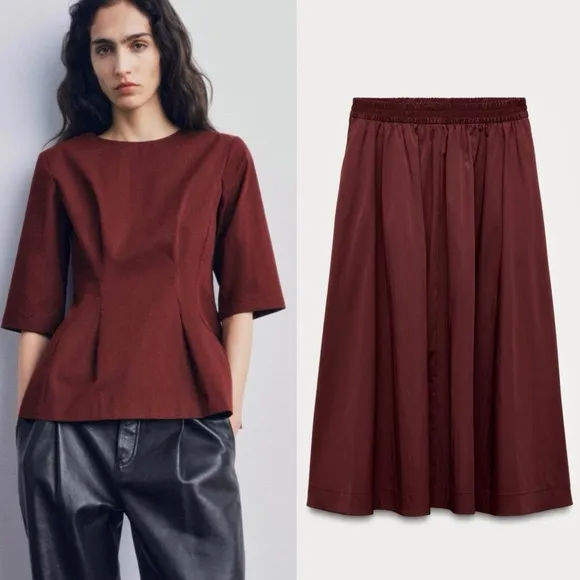 Zara burgundy two piece matching set — peplum top &amp; midi skirt