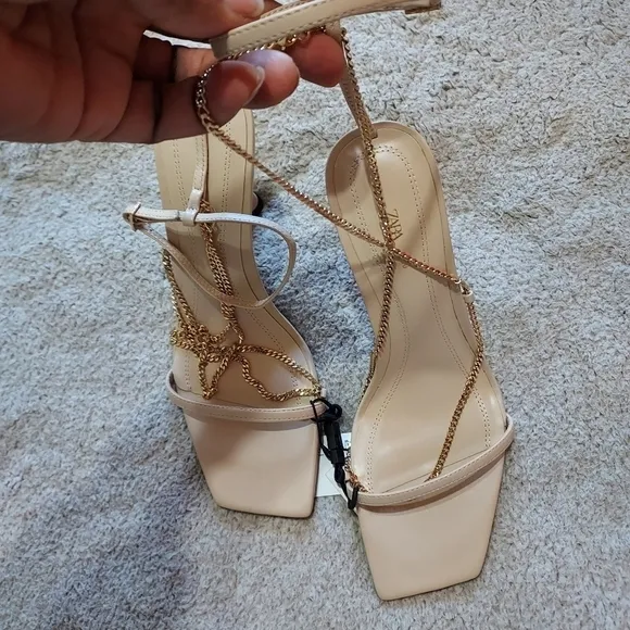 Zara Chain Trim Heeled Leather Sandals