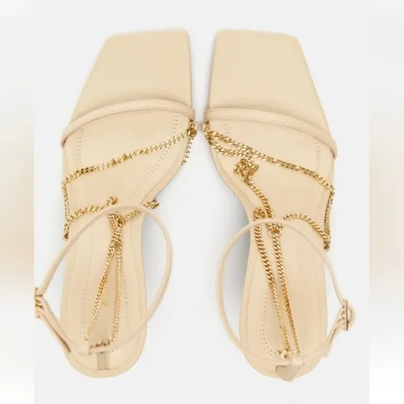 Zara Chain Trim Heeled Leather Sandals