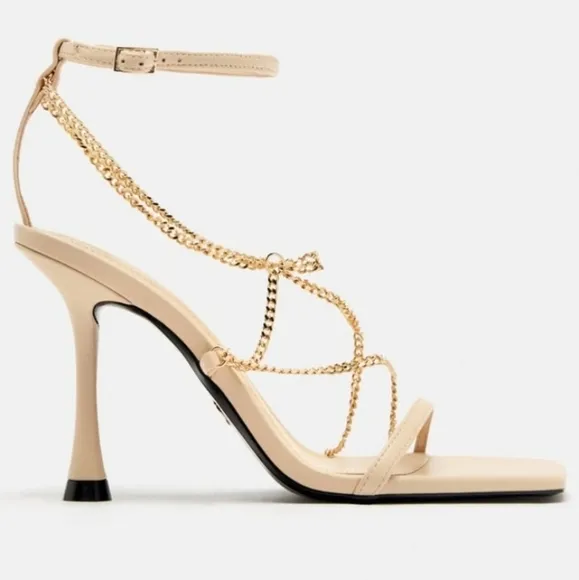 Zara Chain Trim Heeled Leather Sandals