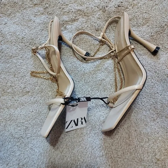 Zara Chain Trim Heeled Leather Sandals