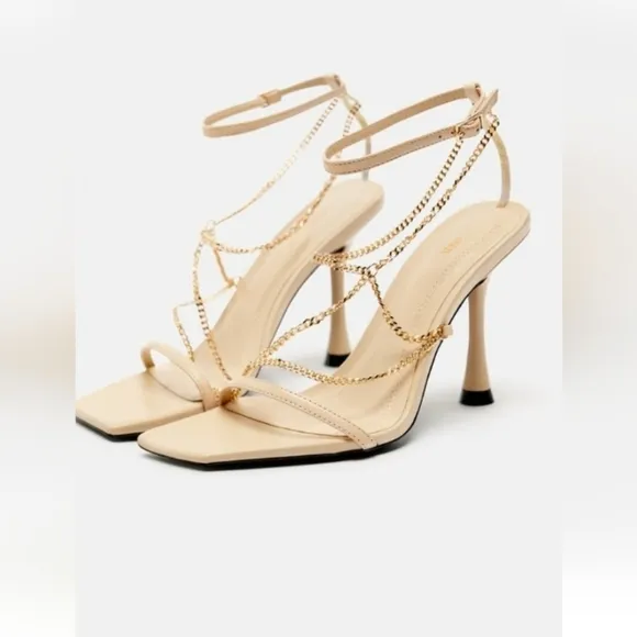 Zara Chain Trim Heeled Leather Sandals