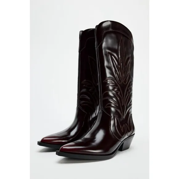 Zara Embroidered Cowboy Boots Size 40 EU / 9 US New Burgundy