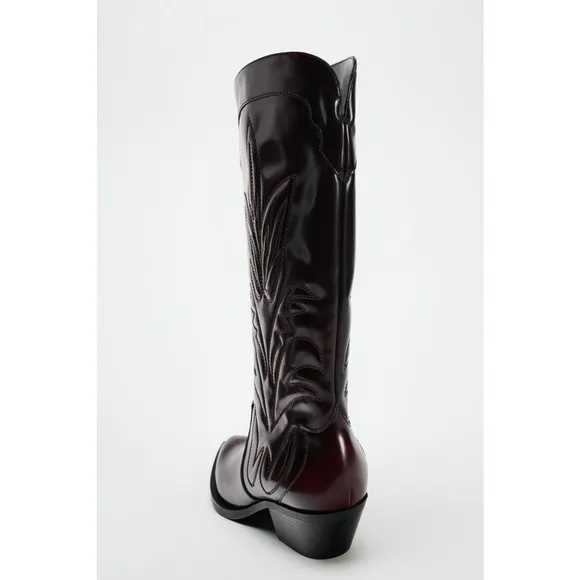 Zara Embroidered Cowboy Boots Size 40 EU / 9 US New Burgundy