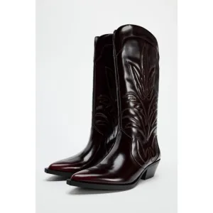 Zara Embroidered Cowboy Boots Size 40 EU / 9 US New Burgundy