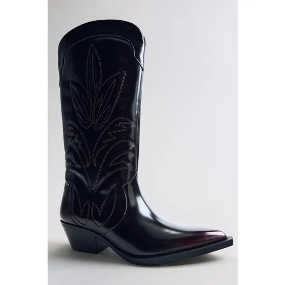 Zara Embroidered Cowboy Boots Size 40 EU / 9 US New Burgundy