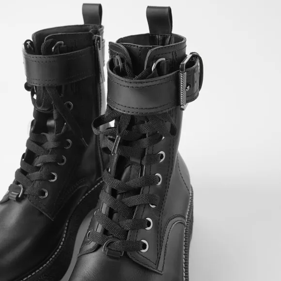 ZARA FLAT LEATHER BIKER ANKLE BOOTS WITH BUCKLE