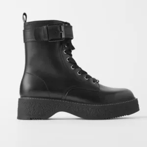 ZARA FLAT LEATHER BIKER ANKLE BOOTS WITH BUCKLE