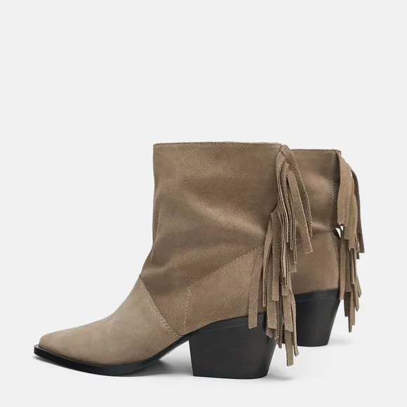 Zara Gray Suede Leather Fringe Ankle Cowboy Boot