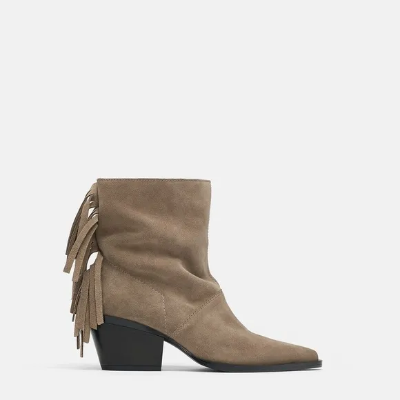 Zara Gray Suede Leather Fringe Ankle Cowboy Boot