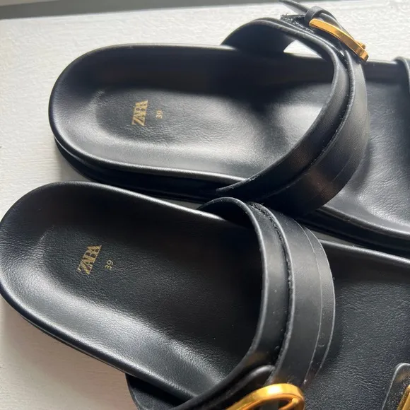 Zara Leather Black Sandals with Gold Buckles Size 39