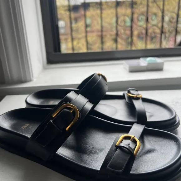 Zara Leather Black Sandals with Gold Buckles Size 39
