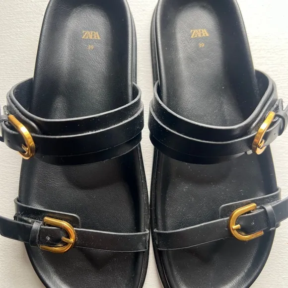 Zara Leather Black Sandals with Gold Buckles Size 39