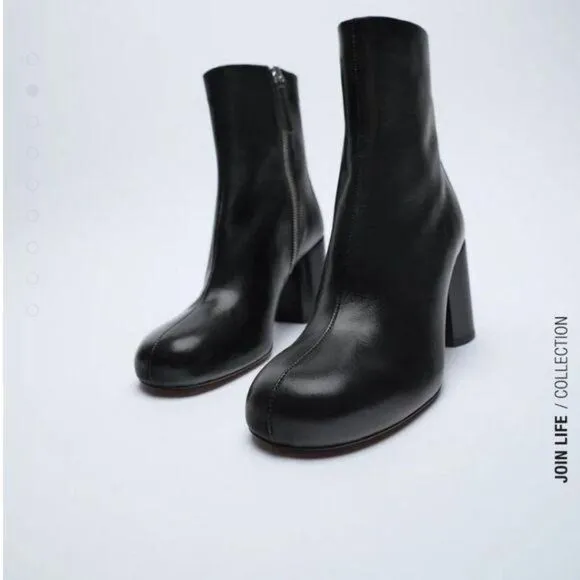 ZARA Leather Heeled Round Toe Ankle Boots Booties Classic Women's Size 40 Black