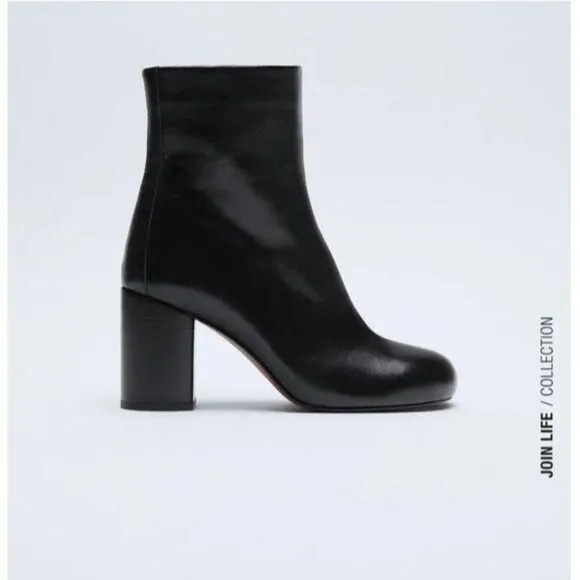 ZARA Leather Heeled Round Toe Ankle Boots Booties Classic Women's Size 40 Black