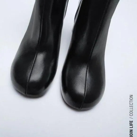 ZARA Leather Heeled Round Toe Ankle Boots Booties Classic Women's Size 40 Black