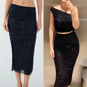 Zara NWT black &amp; silver rhinestone jeweled mesh ruched stretchy midi skirt